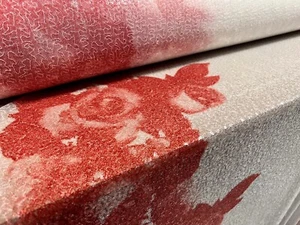 Couture Designer Stoff, Meterware - Pailletten Rose Blumen Bordüre - rot & weiß - Bild 1 von 6