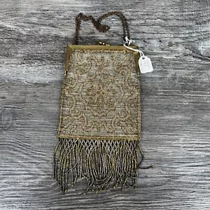 Antique 1920’s French Fringed Beaded Bronze Ladies Coin Purse Wallet - Picture 1 of 12