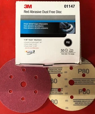 DISCOS DE LIJADO ABRASIVOS 3M 01147 HOOKIT ROJO LIBRE DE POLVO 6" PULGADAS GRADO GRANO P80 (50) Foto 1 de 4