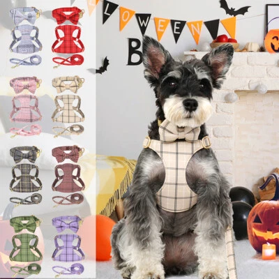 Plaid Puppy Pet Dog Harness &Leash &Bow Tie Collar Set Escape Proof Cat Vest Pug - Image 1 of 4