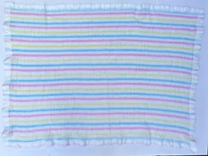 Beacon Rainbow Stripe Baby Blanket Acrylic Knit Satin Trim Pastel Weave WPL 1675 - Picture 1 of 5