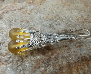Desert Yellow Sea Glass Earrings - Long Vintage style jewelry - Picture 1 of 5