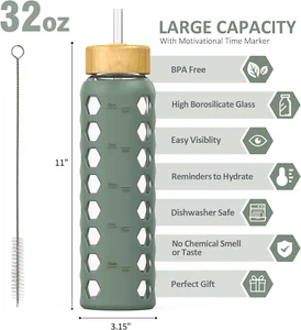 32Oz Glass Water Bottles with 2 Lids-Handle Spout Lid&Bamboo Straw Lid, Motiv... - Picture 1 of 1