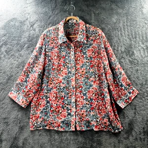 DAMART Womens Top Size 20 Pnk Blue Floral Sheer 3/4 Sleeve Collared Button-Up - Picture 1 of 15