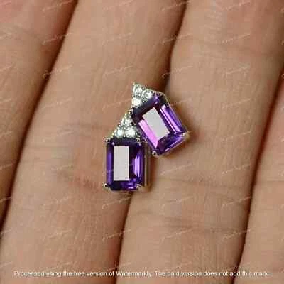 1Ct Emerald Cut Amethyst & Simulated Diamond Stud Earring 14K White Gold Over - Image 1 of 4