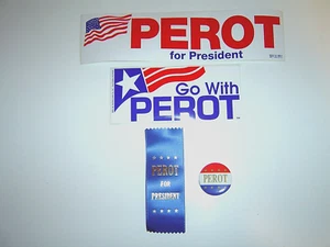 ROSS PEROT OFFICIAL RIBBON, BUTTON PIN, PAIR of BUMPER STICKERS 1992 MINT cond. - Picture 1 of 2