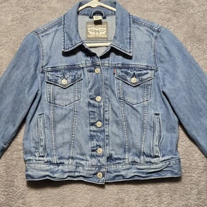 Vtg Levi's Type 3 Distressed Denim Blue Jean Trucker Jacket Women's Red Tab USA - Picture 1 of 14