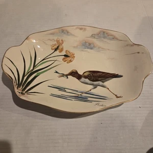 Mid Century Modern Teller Platte handbemalt Bauer Fisch Outdoor Landschaft - Bild 1 von 7