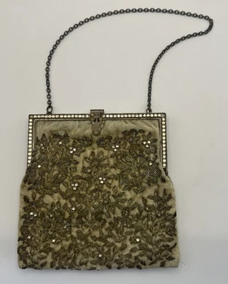 1920s Olive Green Vine Floral Rhinestone Embroidered Purse Metal Frame Antique - Image 1 of 4