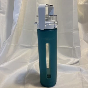 2010 Starbucks 16 oz. Flip-Top Glass Water Bottle Berry w/ Teal Silicone Sleeve - Picture 1 of 7