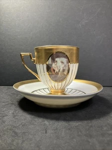 Tazza da tè e piattino vintage Royal KPM ritratto dipinto a mano con accenti dorati pesanti - Foto 1 di 24