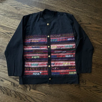 Ручной работы племенной цветной вышитый черный льняной/конопли/хлопок богемная куртка  - Изображение 1 из 4
