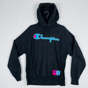 Champion Reverse Weave Hoodie Adult M Black Neon Blue Pink Retro Sweatshirt - Picture 1 of 11