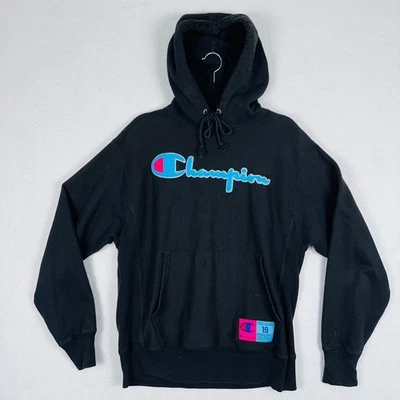 Champion Reverse Weave Hoodie Adult M Black Neon Blue Pink Retro Sweatshirt - Image 1 of 4