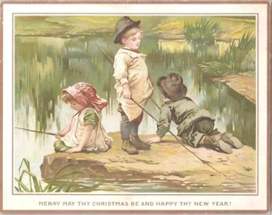 1883 De La Rue #558 Antique Victorian Christmas Greeting Card - Children Fishing - Picture 1 of 3