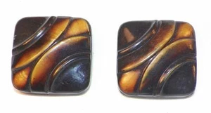 2 Art Deco Celluloid Buttons Brown Tan Square Embossed Metal Backs Coat Jacket - Picture 1 of 3