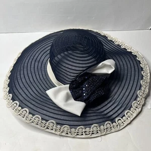 Vintage Whittall & Shon Blue Sequin Bow Wide Brim Derby Church Hat Size 22.5” - Picture 1 of 6