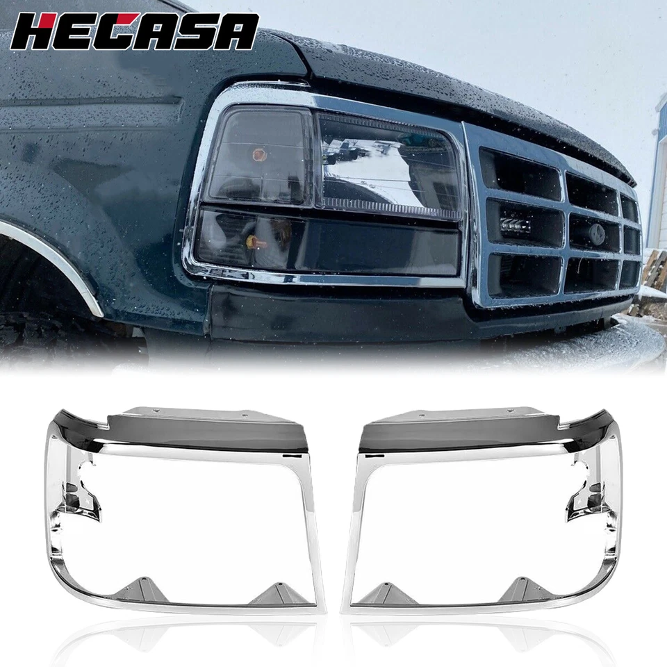 HECASA Chrome Headlights Trim Bezel Pair For 1992-1996 Ford Bronco F150 Pickup Foto 1 de 4
