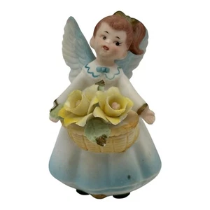 Vintage Inarco Bisque Angel with Flower Basket~Japan~#E1631~Blue~Yellow Flowers - Picture 1 of 11