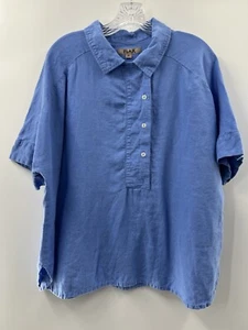 Flax Women’s Short Sleeve 100% Linen Popover Blouse Cornflower Blue Size Petite - Picture 1 of 9
