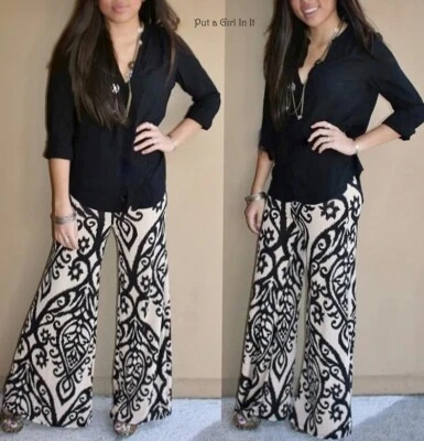 New Womens SOUTHERN TAUPE BLACK DAMASK BAROQUE PAISLEY SILKY PALAZZO PANTS S - Image 1 of 4