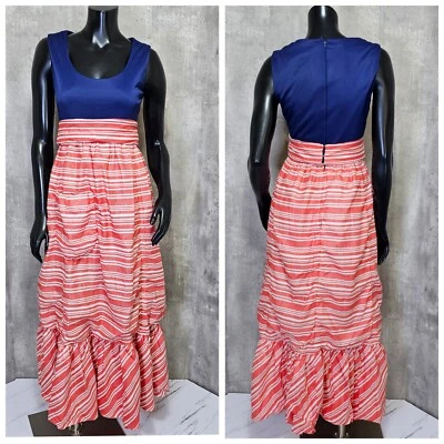 Vintage 70s Roger Milot Navy Top Red Striped Prairie Cottagecore Maxi Sundress - Image 1 of 4