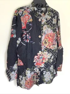 citron Santa Monica M Linen Floral Zip Pockets Art To Wear Lagenlook Jacket - Picture 1 of 9