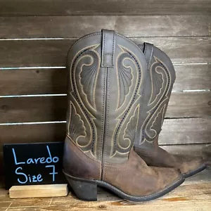 Womens Laredo Lea Vamp Fox Leather Brown Casual Heeled Cowboy Boots Size 7 M GUC - Picture 1 of 7