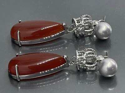 Pendientes Mujer Perforados Plateado Corona Gris Perla Cornalina Foto 1 de 4