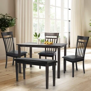5 Pcs Dining Kitchen Set Rectangular Table 3 Warm Chairs and Bench, Espresso - Picture 1 of 7