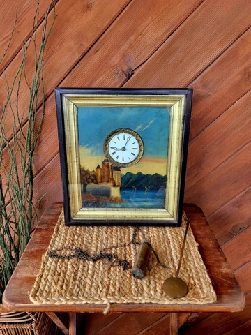 Antique French or English Wall Clock  Scenic Castle Bay Oil Painting Shadow Box Cover