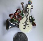 Christmas Mandolin French Horn Brooch Pin w AB Rhinestones on Card