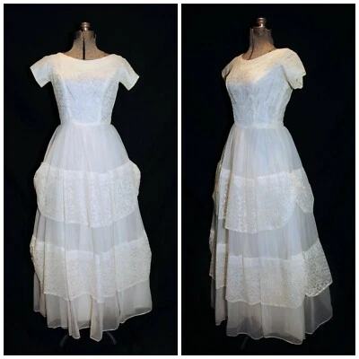Vestido de Quinceañera Vintage Años 60 Blanco de Gasa y Marfil Encaje Boda Baile de graduación XS/SM Foto 1 de 4