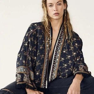 Free People Kimono blau Nieten Fransen marokkanisch Boho silber gold verziert S - Bild 1 von 10
