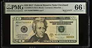 PMG 66 Fancy Serial Number $20 Twenty Dollar Bill, Serial Numbers.ND 66766666 A - Picture 1 of 5