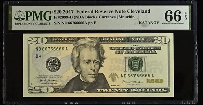 PMG 66 Fancy Serial Number $20 Twenty Dollar Bill, Serial Numbers.ND 66766666 A - Image 1 of 4