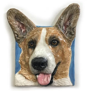 Cardigan Welsh Corgi Ceramic dog portrait 3d tile Handmade Sondra Alexander Art - Imagen 1 de 4