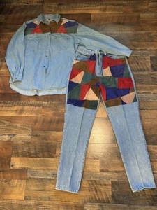 Talla 14-Vintage 90’s Gamuza Pathchwork Denim Manga Larga Conjunto Top y Jeans Y2K Retro - Imagen 1 de 17