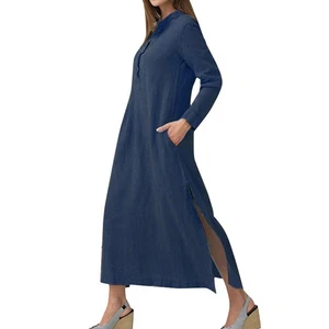 Damen Freizeit langes Kleid Langarm Seitentaschen Schlitz Vintage Maxi Morgenmantel DHCL - Bild 1 von 10
