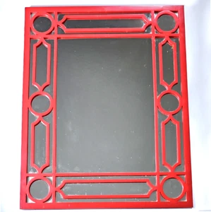 Mid-Century Modern Rectangular Interior Mirror with Glossy Red Lattice Frame - Picture 1 of 4