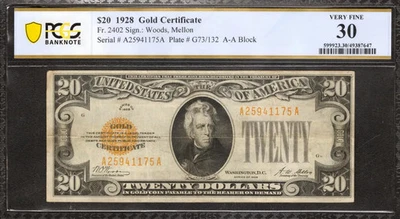 1928 $20 GOLD CERTIFICATE FR.2402 WOODS MELLON AA BLOCK PCGS 30 VERY FINE (175A) - Image 1 of 2
