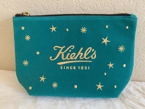 Kiehls Holiday Teal Velvet Embroidered Zippered Makeup Bag New - Picture 1 of 4