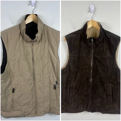 FACONNABLE Vest  XL Khaki Tan/Brown Leather Reversible Full Zip Quilted - Image 1 of 4