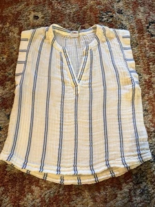 Top Faherty de algodón orgánico para mujer pequeño blanco azul a rayas cuello en V - Imagen 1 de 7