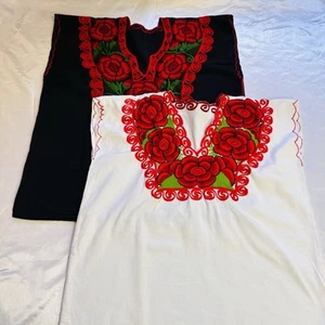 2 Piece PEASANT MEXICAN EMBROIDERED BLOUSE TOP 100% HEAVYCOTTON SZ M Black White - Picture 1 of 7