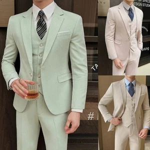 Men's Suit Plain Three Piece Jacket Trousers Vest Multiple Colors Wedding Party - Picture 1 of 14