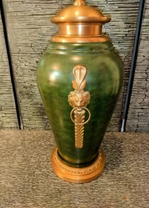 Brass Indian Temple Ginger Jar Vase 18" Emerald Green Lion Head Ring w/ Lid - Picture 1 of 17