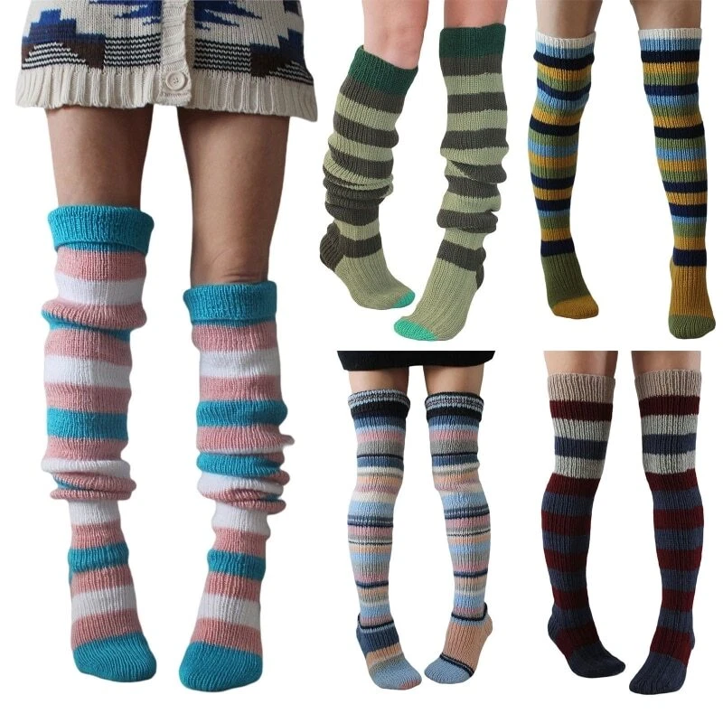 Winter Vintage Striped Knitted Socks Thigh High Over Knee Boot Sock Soft Warm - Image 1 of 4