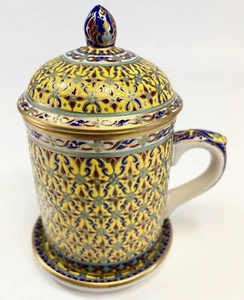 Thai Benjarong Hand-painted Gilded Porcelain Mug with Lid & Saucer Set Porcelain - Picture 1 of 6