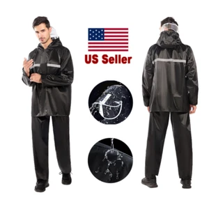 Men’s Rain Suits Raincoat Jacket Pants Waterproof Safety Black Hooded US - Picture 1 of 24